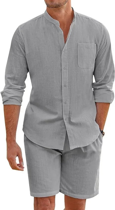 2024 Men's Two-piece Sets Cotton and Linen Comfortable Button Shirt Long Sleeve Shorts Cardigan Simple Casual Beachwear - Steffashion