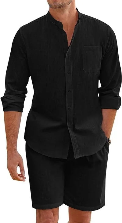 2024 Men's Two-piece Sets Cotton and Linen Comfortable Button Shirt Long Sleeve Shorts Cardigan Simple Casual Beachwear - Steffashion