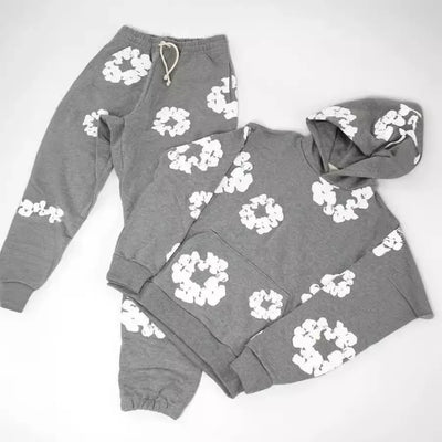 Trendy American Style Printed Hooded Sweatshirt Suit For Men Fashionable Versatile Sweatshirt Pants Set High Street Style - Steffashion
