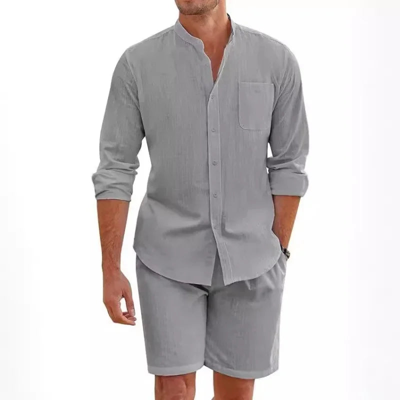 2024 Men's Two-piece Sets Cotton and Linen Comfortable Button Shirt Long Sleeve Shorts Cardigan Simple Casual Beachwear - Steffashion