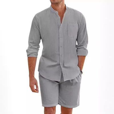 2024 Men's Two-piece Sets Cotton and Linen Comfortable Button Shirt Long Sleeve Shorts Cardigan Simple Casual Beachwear - Steffashion