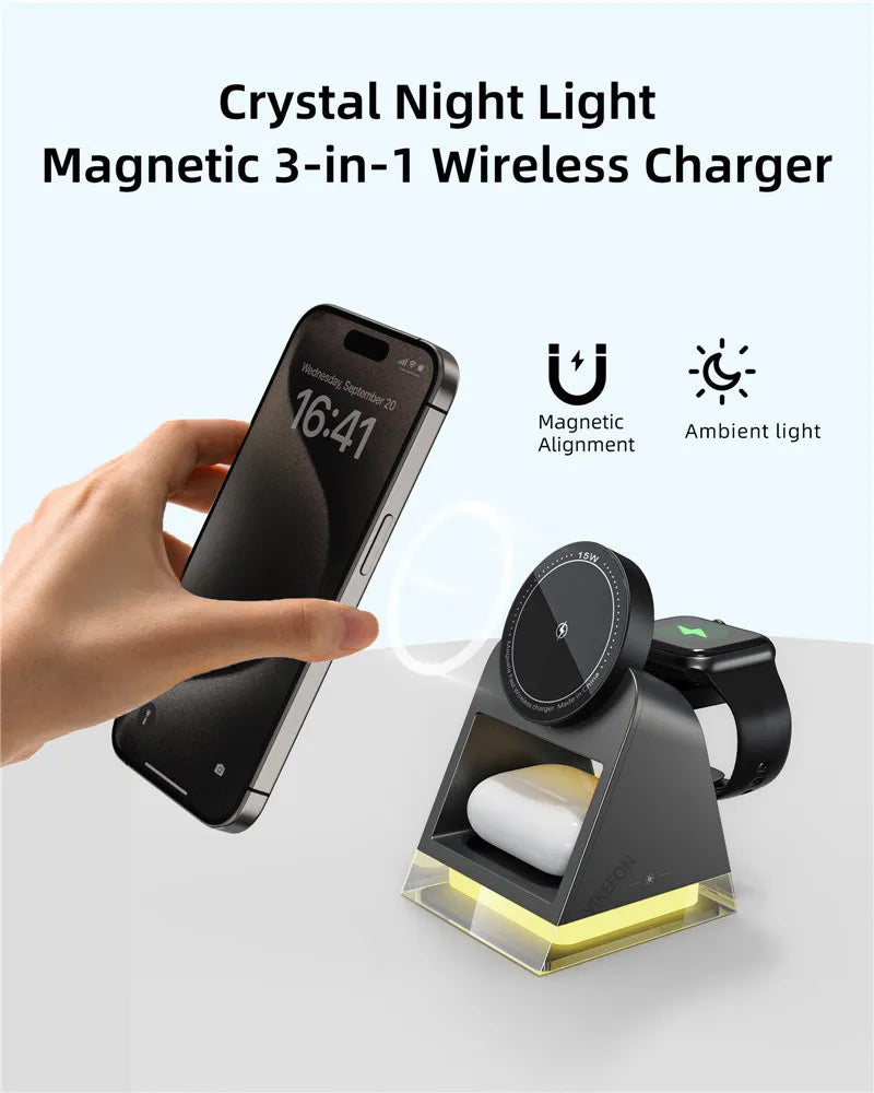 3 In 1 Magnetic Wireless Charger Stand Led Light Fast Wireless Charging Station Dock for iPhone 15 14 13 12 Apple Watch Airpods