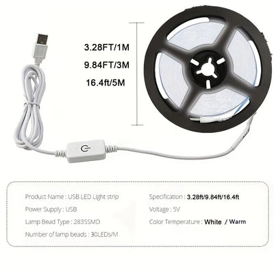 5V 2835 LED Strip Light Touch Sensor Switch Dimmable USB Flexible LED Tape Ribbon Light For Mirror Cabinet Stair Decor Lighting - Steffashion