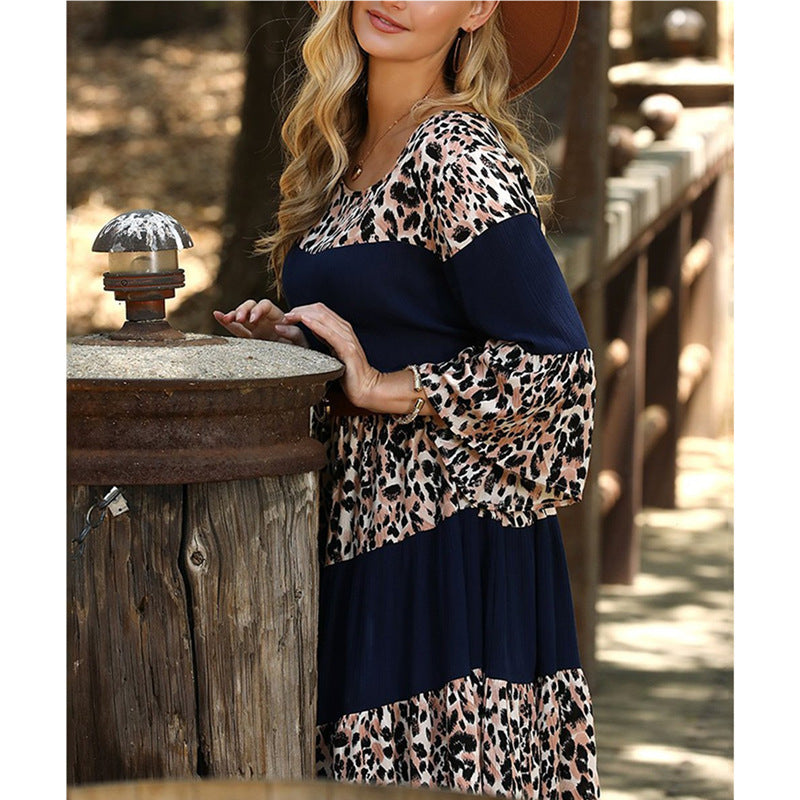 New Women's Clothing Printed Round Neck Pullover Bell Sleeve Dress Women