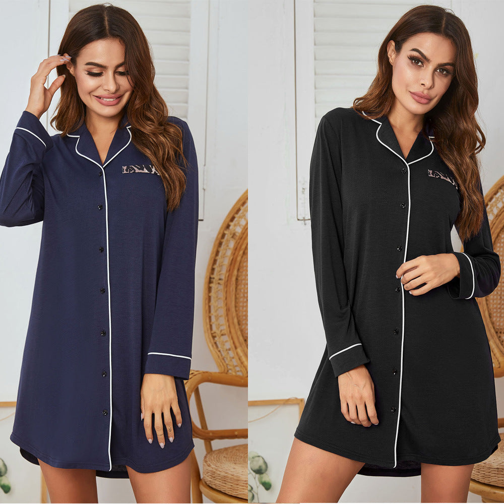 Style Women Homewear Long Sleeve Shirt Button Nightdress