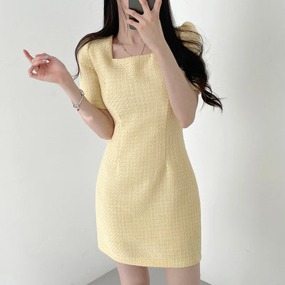 New Design Sense Niche Classic Style Square Collar Short Sleeve Waist Slimming Square Collar Dress Women