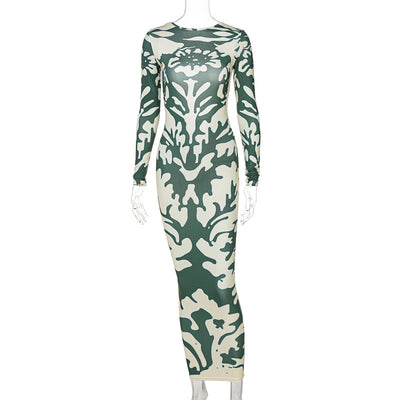 Fashion Printed Slim Fit Backless Long Sleeve Dress Women