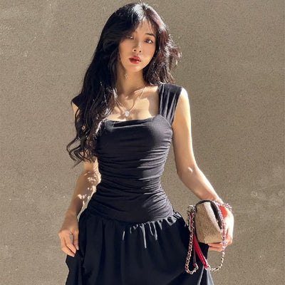 Fashion Square Collar Pleated Large Swing Waist Slimming Mesh Sling Dress Women