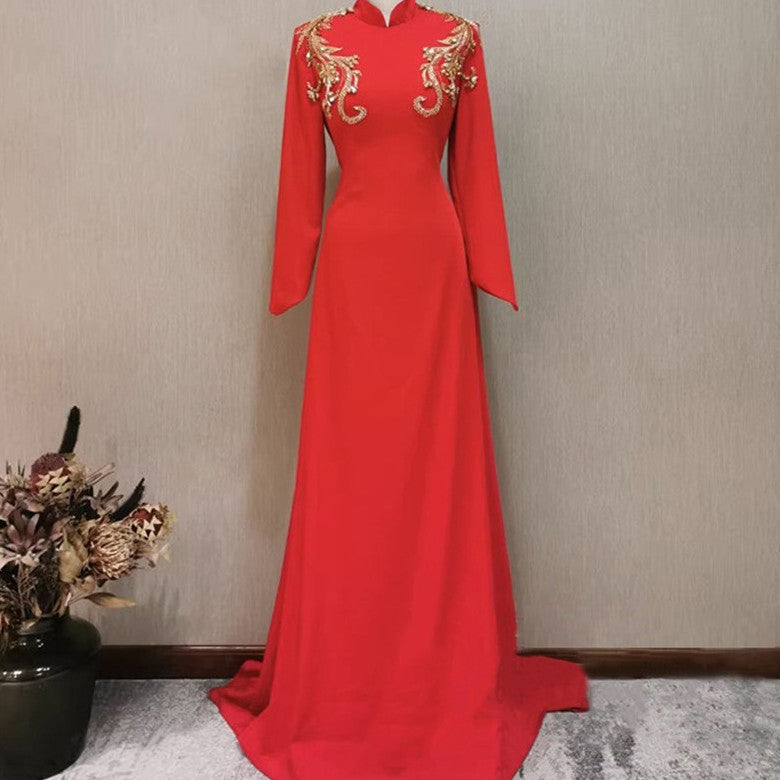 Banquet Evening Dress For Women Long-sleeved Red