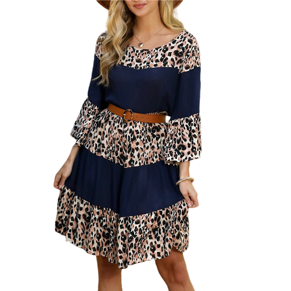 New Women's Clothing Printed Round Neck Pullover Bell Sleeve Dress Women