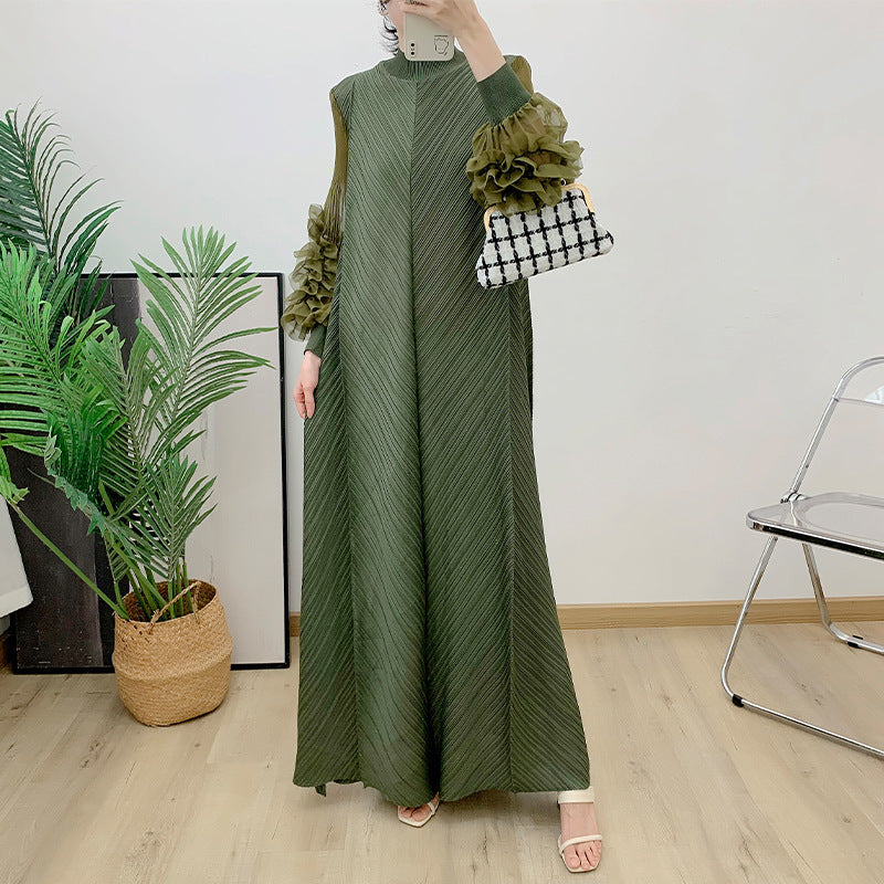 Spring And Summer New Pure Color Elegant Long Loose Plus Size Dress Pleated Women