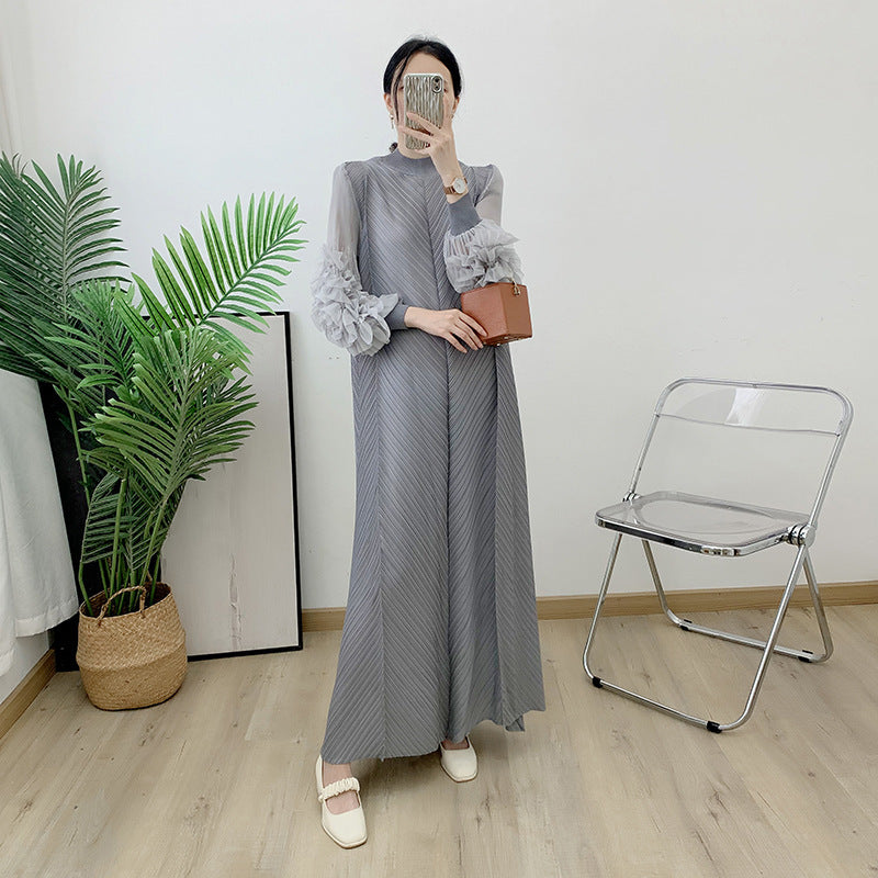 Spring And Summer New Pure Color Elegant Long Loose Plus Size Dress Pleated Women