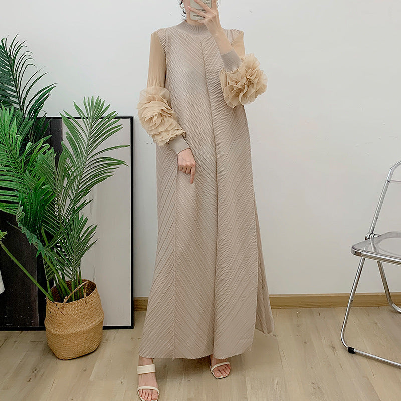 Spring And Summer New Pure Color Elegant Long Loose Plus Size Dress Pleated Women