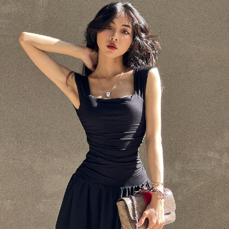 Fashion Square Collar Pleated Large Swing Waist Slimming Mesh Sling Dress Women