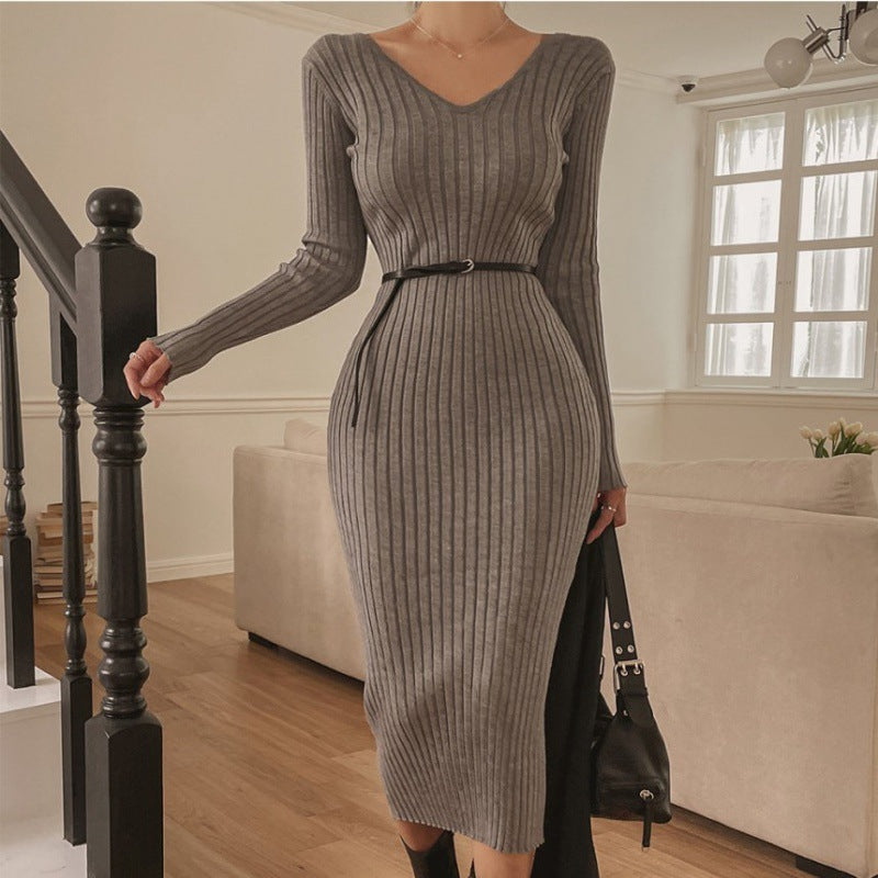 Retro Elegant V-neck Slim-fit Slimming Dress For Women