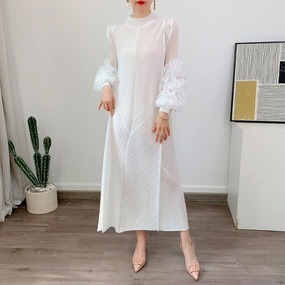 Spring And Summer New Pure Color Elegant Long Loose Plus Size Dress Pleated Women