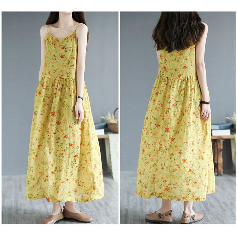 Summer New Artistic Floral Sleeveless Sling Dress Women