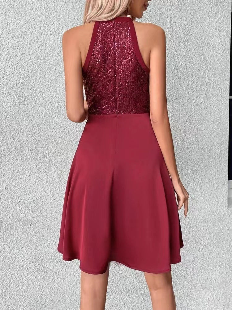 Summer New Sequin Stitching Sleeveless Slim Solid Color Dress Women