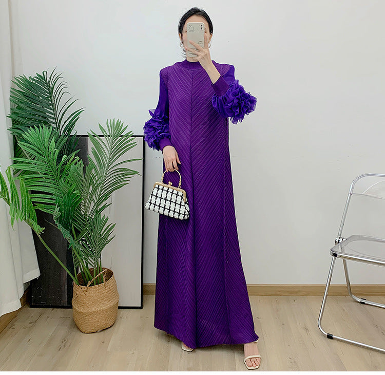 Spring And Summer New Pure Color Elegant Long Loose Plus Size Dress Pleated Women