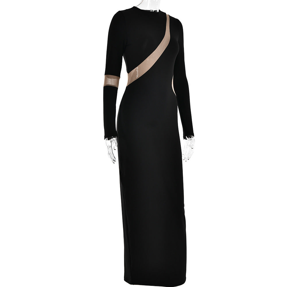 Close-fitting Body Shaping High Elastic Stitching Round-neck Long-sleeved Dress Women