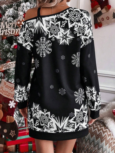 Printed Diagonal Shoulder Fallwinter Dress Women