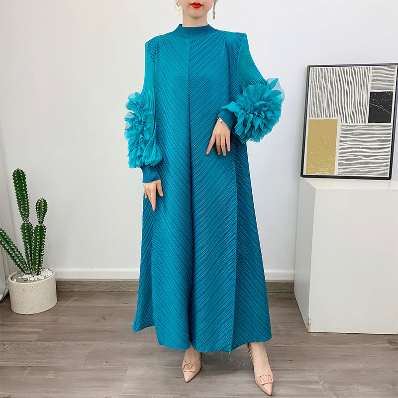 Spring And Summer New Pure Color Elegant Long Loose Plus Size Dress Pleated Women