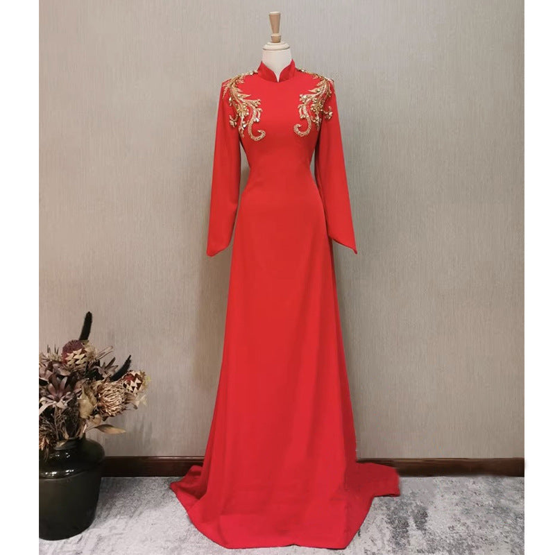 Banquet Evening Dress For Women Long-sleeved Red