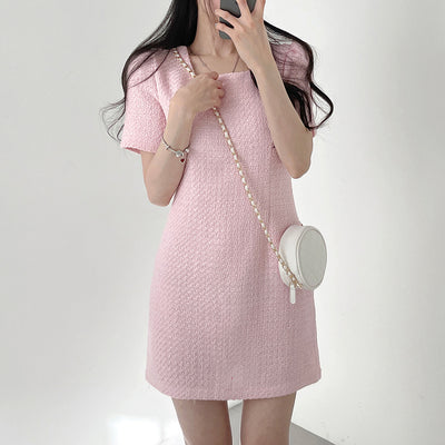 New Design Sense Niche Classic Style Square Collar Short Sleeve Waist Slimming Square Collar Dress Women