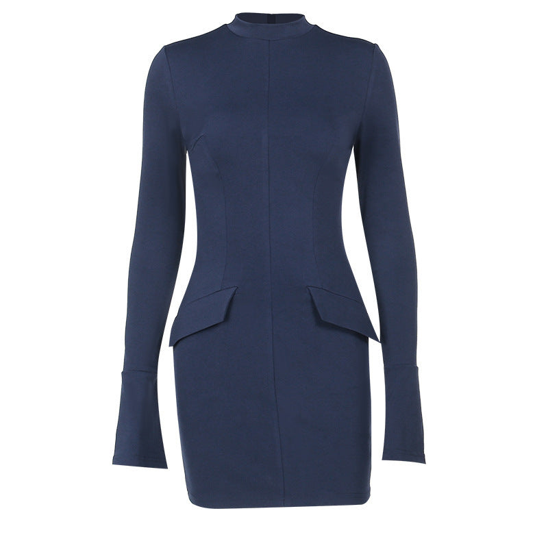 Fashion Long Sleeve Dress With Two Pockets Slim Bodycon Hip Short Dress For Women