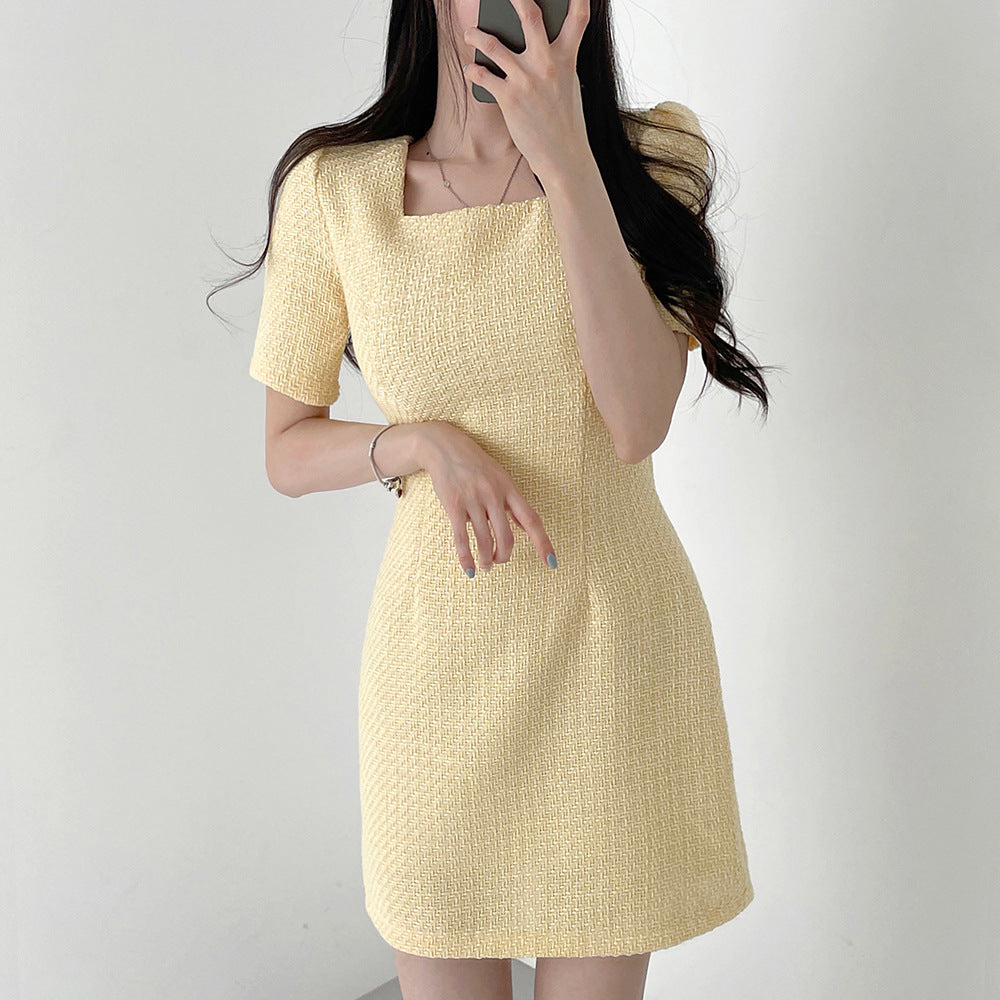 New Design Sense Niche Classic Style Square Collar Short Sleeve Waist Slimming Square Collar Dress Women