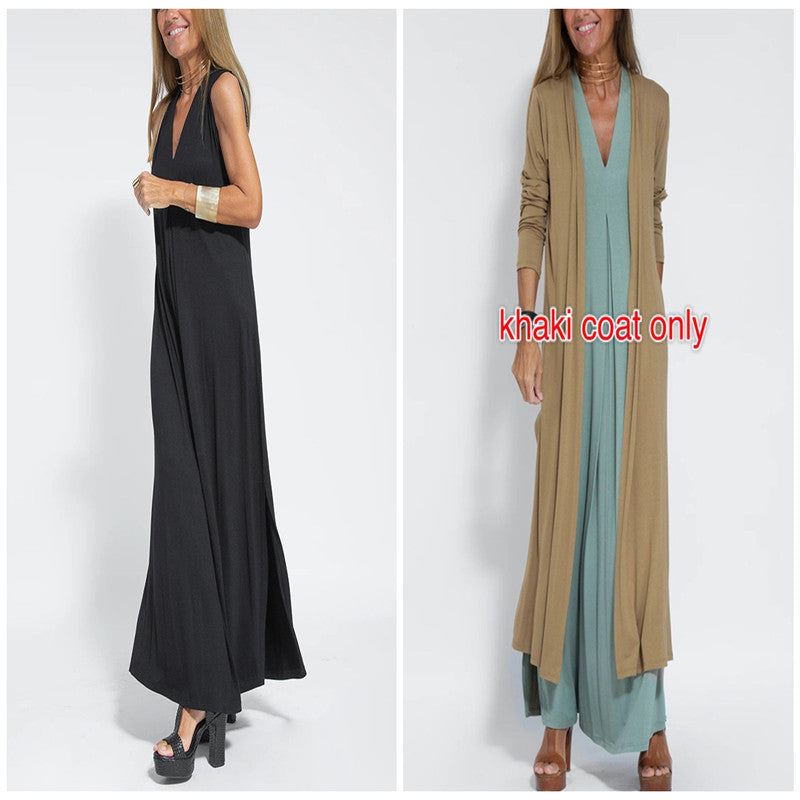 Olid Color Pullover V-neck Dress Cardigan Jacket Suit For Women