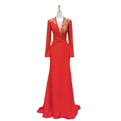 Banquet Evening Dress For Women Long-sleeved Red