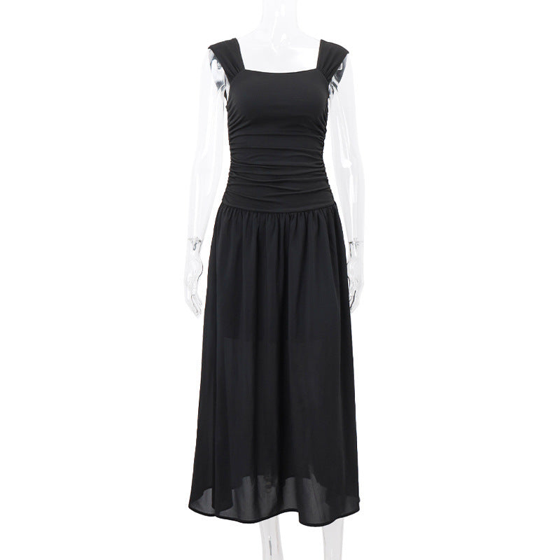 Fashion Square Collar Pleated Large Swing Waist Slimming Mesh Sling Dress Women