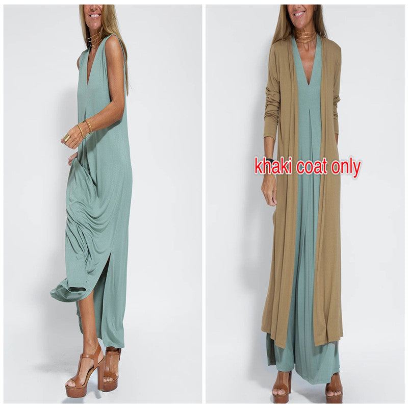 Olid Color Pullover V-neck Dress Cardigan Jacket Suit For Women