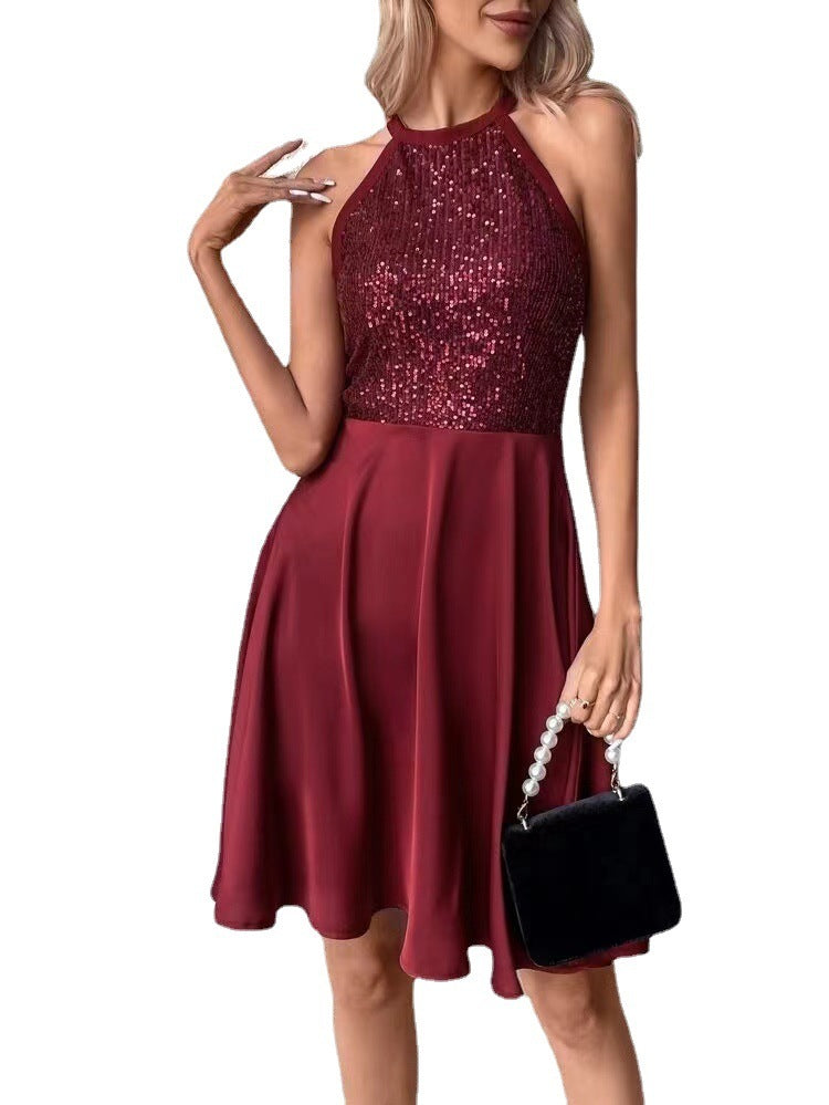 Summer New Sequin Stitching Sleeveless Slim Solid Color Dress Women