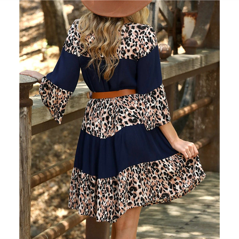 New Women's Clothing Printed Round Neck Pullover Bell Sleeve Dress Women