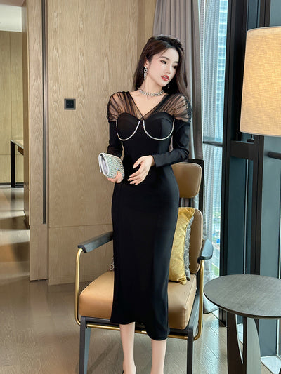 Knitted Cotton Design Sense Diamond Grenadine Slim Fit Patchwork Hip-hugger And Black Long Sleeve Dress Women